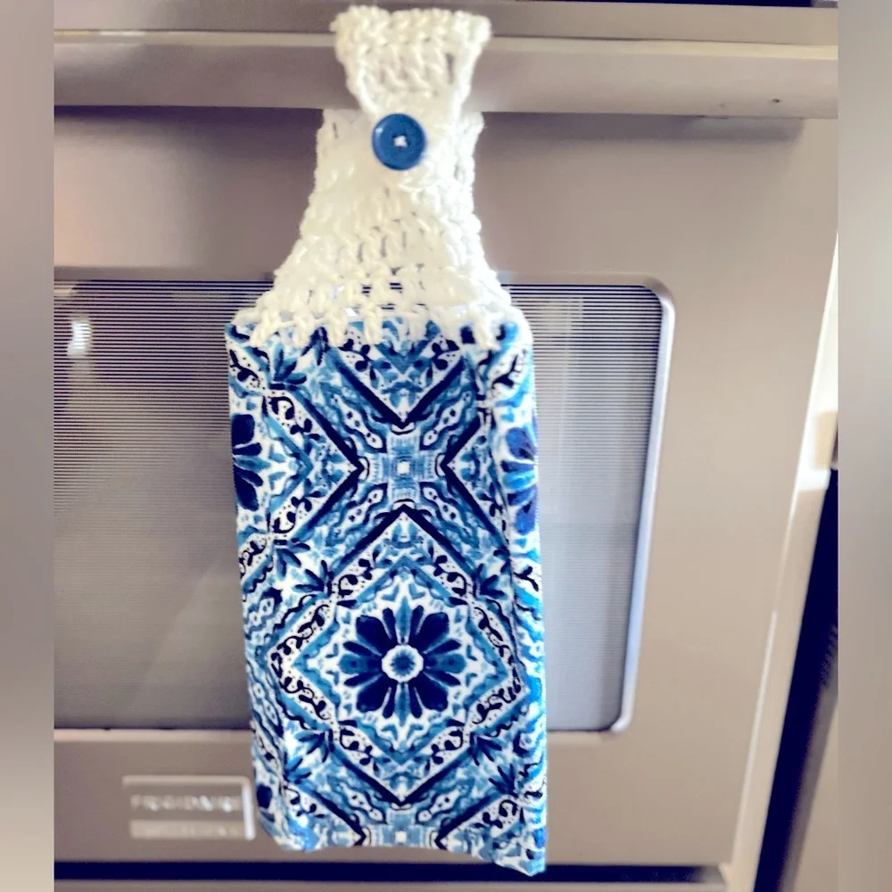 Hand Crafted Colorful Blue Floral Retro Hanging Hand Towel Crochet Top